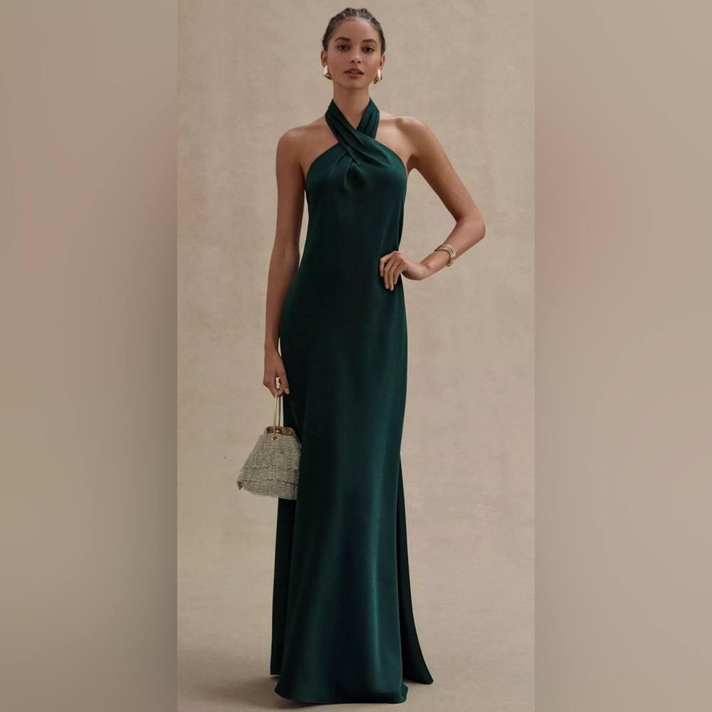 BHLDN Ruby Twist Halter Satin Gown - Emerald Size 6
